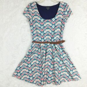 Lily Rose Womens‎ Dress Belted Short Sleeve Midi Chevron Blue White Scoop Neck M